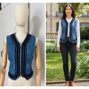 Vintage Y2K Liz Wear Size P Xs/S Denim Zip Up Vest Velvet Trim Retro 80’s 90's